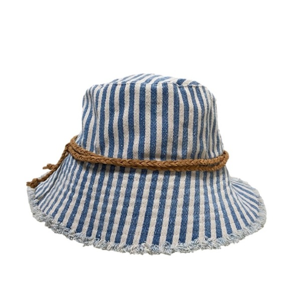 Hat Attack Accessories - Hat Attack denim frayed blue and white striped bucket hat with suede hat band